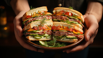 Top view of Hands holding fresh delicious submarine sandwiches   - obrazy, fototapety, plakaty