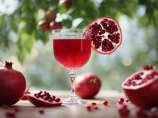 organic pomegranate and pomegranate juice in glass, decorative dark stone background

