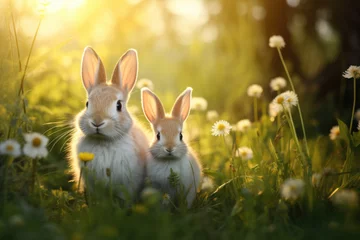 Foto op Aluminium Cute mother and baby bunny rabbits in the grass at sunset © Michael