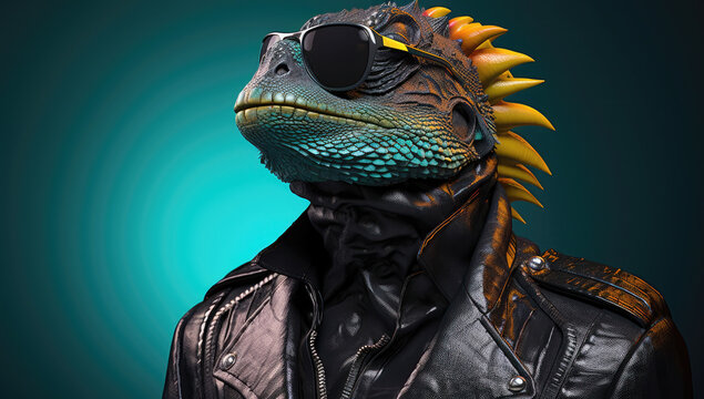 Swaggering iguana with black sunglasses and a textured leather jacket against a teal backdrop exudes coolness.
