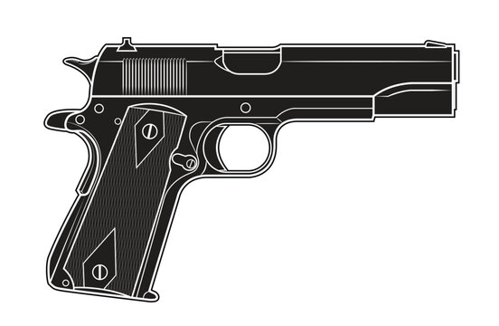 Vector illustration of the Colt 1911 automatic pistol with diamonds on the facings on the white background. Black. Right side.