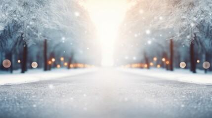 Christmas star decoration on bokeh background. New Year concept. Copy space. Snowy road with blurred background