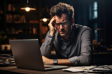 Frustrated businessman with laptop at work in the office