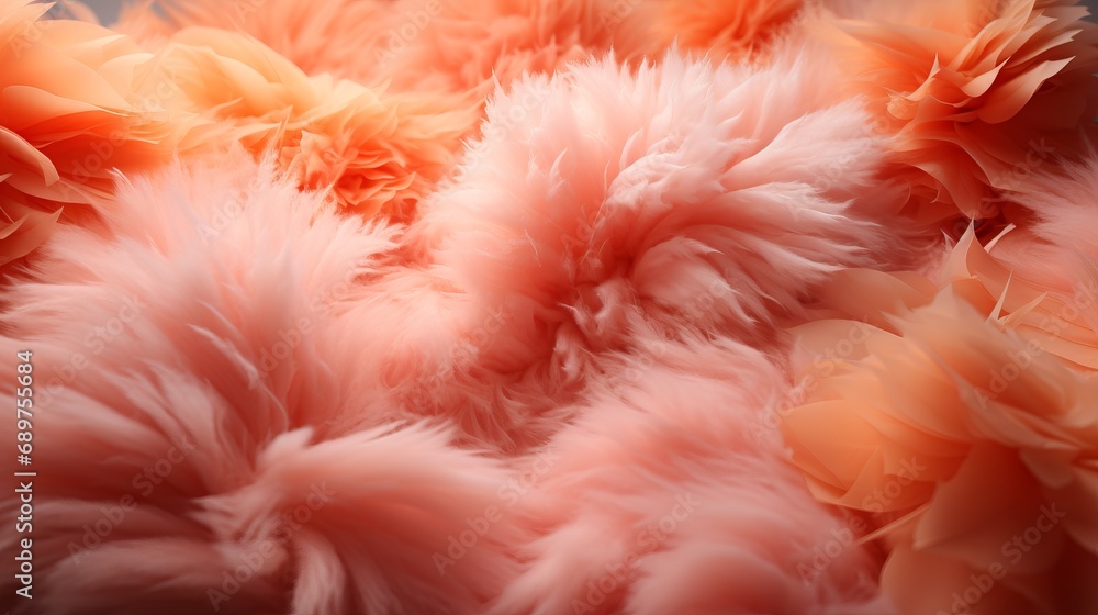 Poster fur background in peach fuzz shade, fluffy splash banner with space for text. concept: delicate colo