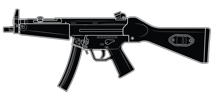 Vector illustration of the MP5 machine gun with stock on the white background. Black. Left side.