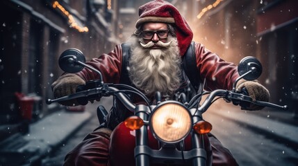 Santa Claus drives fast on a motorcycle full of gifts on the winter city road.