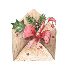 Christmas envelope watercolor card. Digital illustration to create decor.
