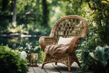 Stylish wicker rattan chair in the garden near the pond - obrazy, fototapety, plakaty