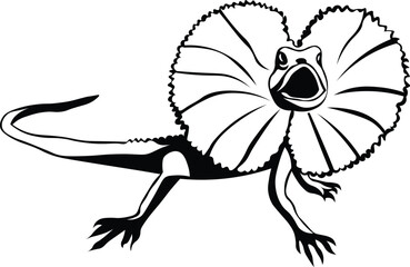 Cartoon Black and White Isolated Illustration Vector Of A Frilled Neck Lizard