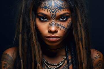 Girl with beautiful face art on black background. Beautiful Indian woman hunter with big American Indian plume of feathers. Native american creative makeup. Western style