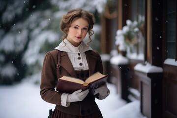 Portrait of elegant woman wearing vintage coat on winter snowy park. Girl walking in snowfall....