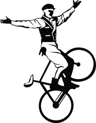 Cartoon Black and White Isolated Illustration Vector Of An Acrobat Balancing On A Bicycle