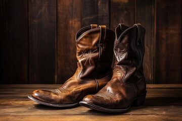 Wild West retro cowboy pair of leather boots on wooden background