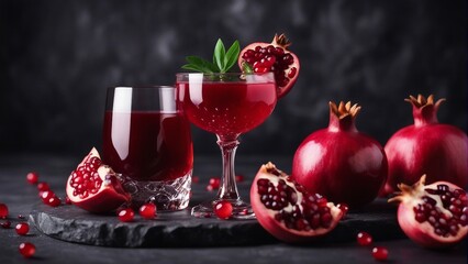 organic pomegranate and pomegranate juice in glass, decorative dark stone background


