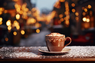 Coffee, cappuccino on wooden table against bokeh background