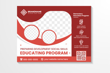 Flyer template design with example headline is educationg program. space of photo collage. Advertising banner with horizontal layout. multicolor red element in white background. infographic icon