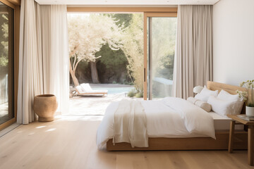 Fototapeta na wymiar A bright bedroom with a wooden bed, white bedding made of natural fabrics, large sliding glass doors with a view of the garden with pool, ivory curtains, and a wooden floor.