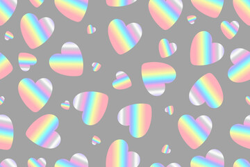 Seamless pattern of holographic hearts. Colorful rainbow hearts on a gray background. Vector illustration.