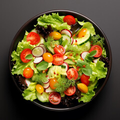 Top view of Fresh Healthy Salad In Bowl salad with tomatoes, cucumbers and vegetables