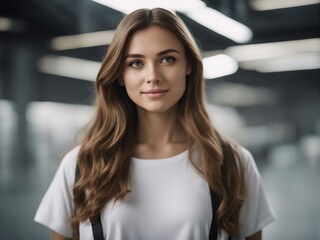 portrait of a young university student girl, blurry bright background

