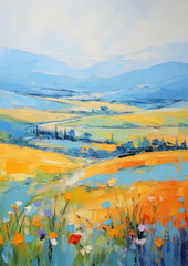 Sky blue landscape grass painting background summer art illustration nature green field