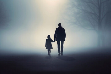 A man and a little girl walk along a foggy road in the evening, holding hands. The concept of child abduction. The loss of a mother. Life in a war-torn world