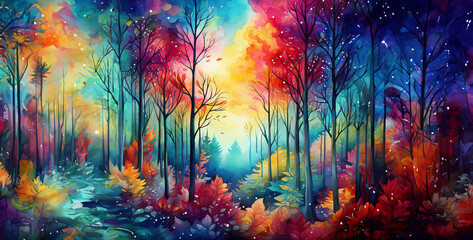 Fototapeta na wymiar a watercolor painting of an autumn forest with color, abstract rainbow background