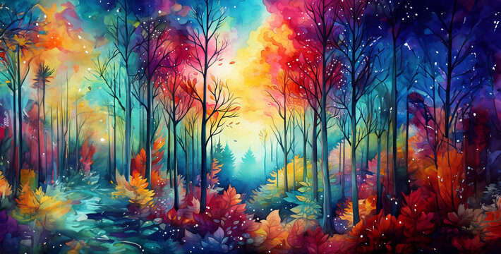a watercolor painting of an autumn forest with color, abstract rainbow background