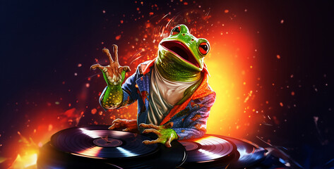 frog on the rock, a logo a rapper frog eating a vinyl  - obrazy, fototapety, plakaty