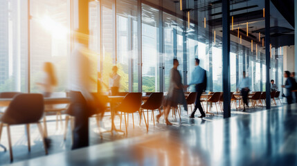 Fast Moving Blurred Background of Business People at Work.
