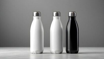 Mock up of three black and white plastic bottles with blank label on grey background. Generative AI