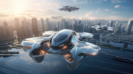 Futuristic vehicles of the sustainable city of the future. Innovation. Futuristic vehicles. Creative architecture, vehicles, cities, creative buildings.