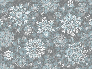 Vector Christmas seamless pattern with vintage snowflakes on silvery with balls