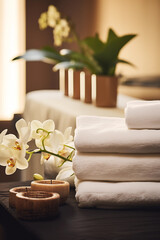 Fototapeta na wymiar Spa, beauty treatment and wellness background with orchid flowers, towels and candles.