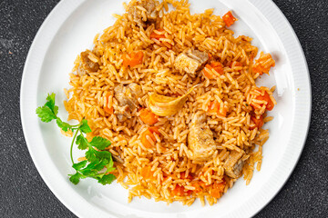 rice pilaf meat tasty fresh pork meat eating cooking appetizer meal food snack on the table copy space food background rustic top view