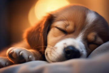 Close up of a cute dog sleeping face irresistible in the background of a modern bedroom. Animal concept of relaxation and dreams.