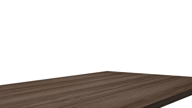 dark brown walnut wooden table corner at foreground used as product displayed isolated on background with clipping path. perspective view of wood table showing edge of table.