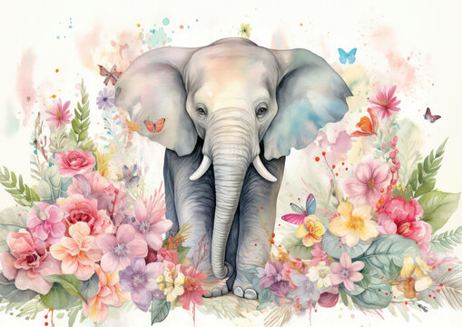 Wildlife african nature drawing animal background watercolor design illustration flower art elephant wild