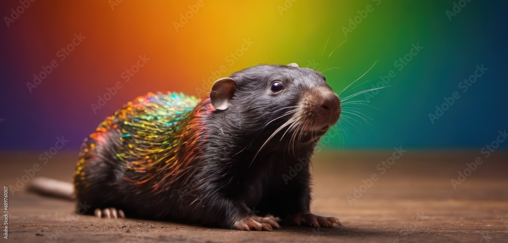 Poster a close up of a rodent with a multicolored pattern on it's body and a multi - colored background.