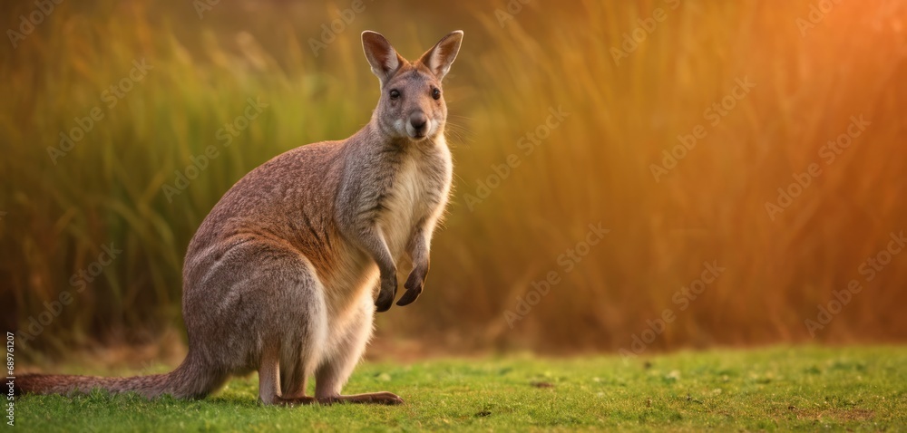 Poster a close up of a kangaroo on a field of grass with a blurry background of grass and trees in the back