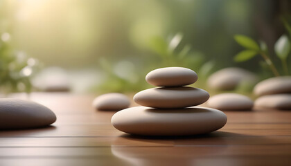 Stack of spa stones on wooden table, blurred background. Zen concept. Generative AI