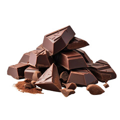 Fresh organic broken chocolate pieces transparent background