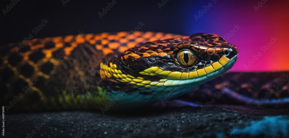 Poster a close up of a snake's head on a black surface with multicolored lights in the background.
