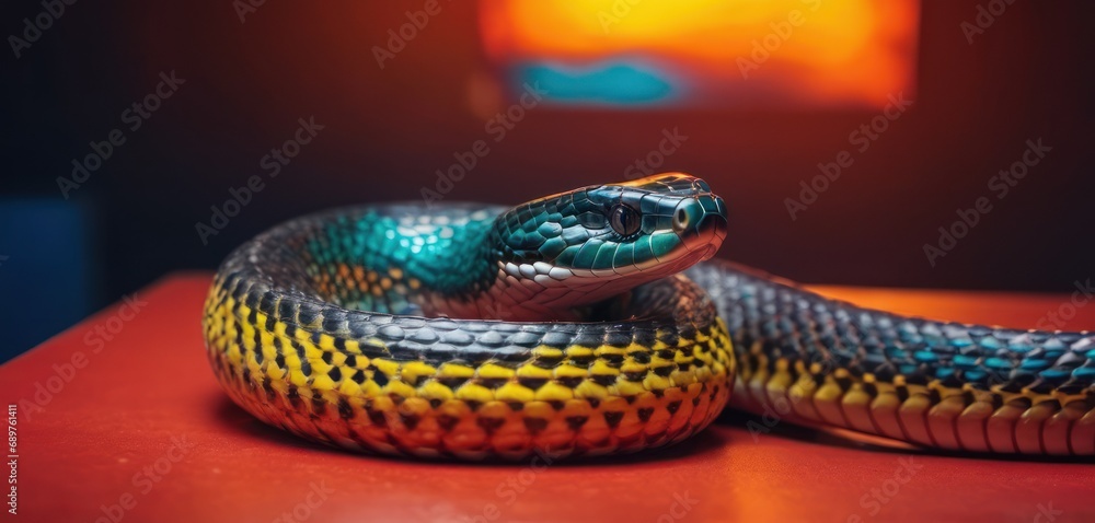 Aufkleber a colorful snake sitting on top of a red table next to a blue and yellow snake on top of a red table