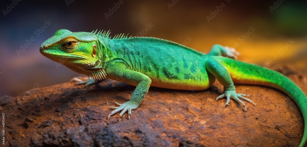 Poster a close up of a lizard on a rock with a blurry back ground in the background and a blurry back groun