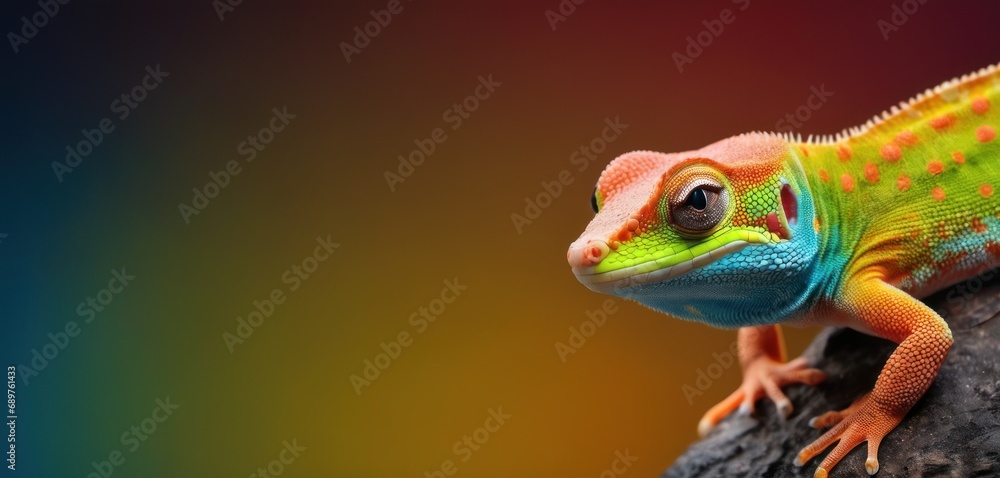 Poster a close up of a gecko on a branch with a colorful background and a blurry image of the lizard's head