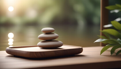 Stack of spa stones on wooden table, blurred background. Zen concept. Generative AI