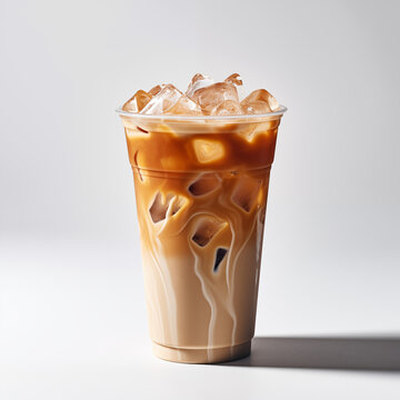 A cold takeaway cup of ginger iced latte with a pure white background and ample lighting in the studio, making it look delicious