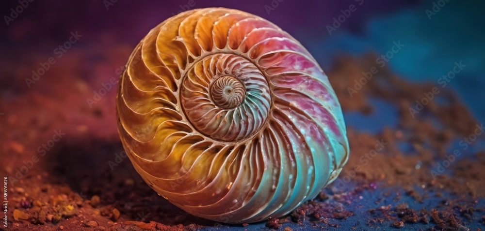 Poster a close up of a nautish on a blue and purple background with a blurry image of the bottom part of th