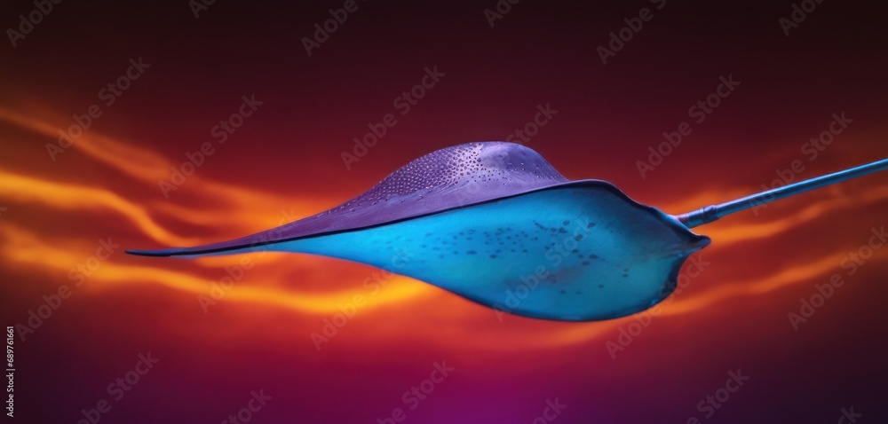 Poster a close up of a blue and purple object with a red and yellow background and a red and purple backgro